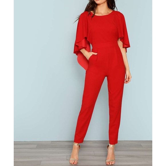 Red Cascade Cape Backless Cocktail Jumpsuit - Picture 3 of 6
